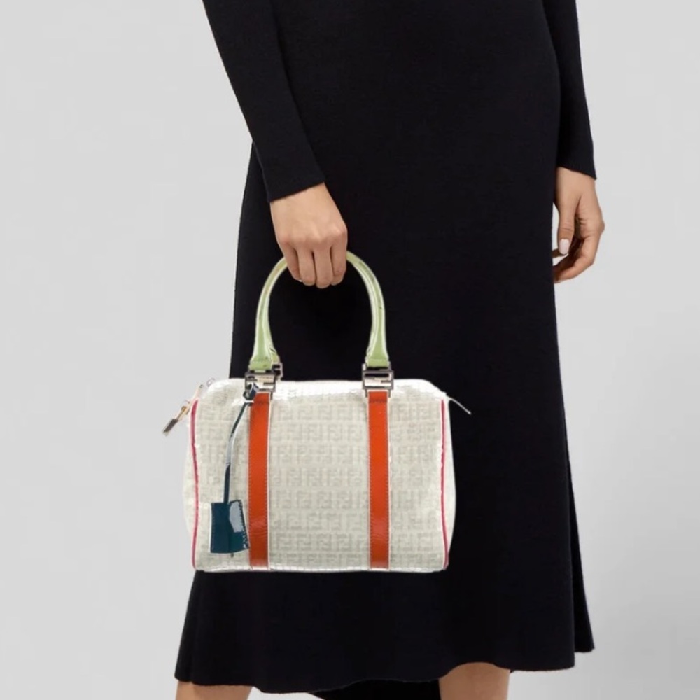 Fendi Ivory Monogram Satchel with Orange Straps and Pale Green Handles